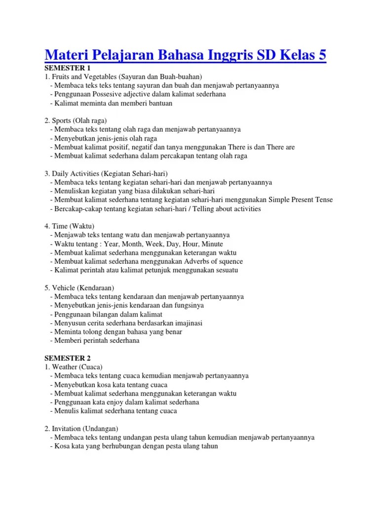 Materi Pelajaran Bahasa Inggris SD Kelas 5 | PDF