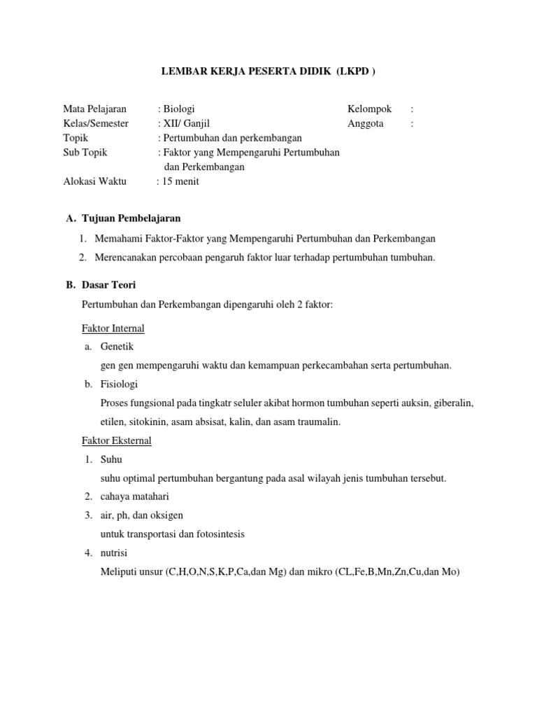 LKPD KD 1 II Faktor Yang Mempengaruhi Pertumbuhan Dan Perkembangan | PDF