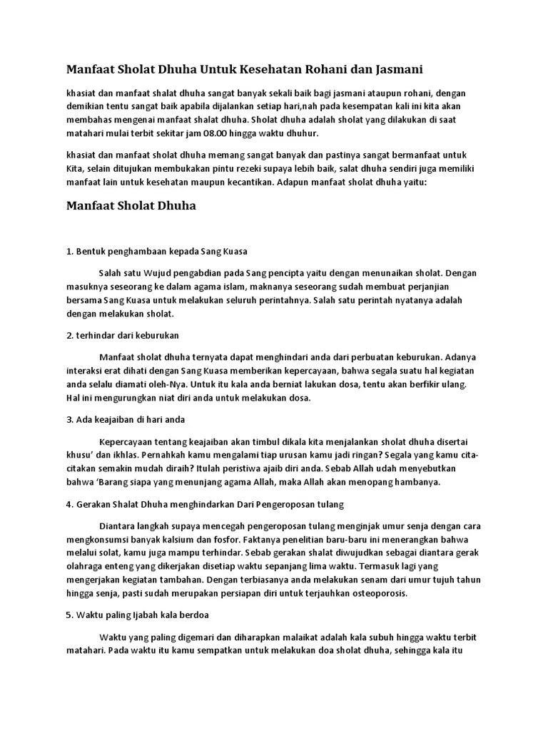 Manfaat Sholat Dhuha Untuk Kesehatan Rohani Dan Jasmani | PDF