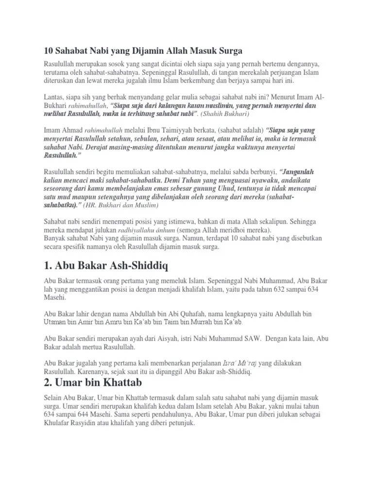 10 Sahabat Nabi Yang Dijamin Allah Masuk Surga | PDF