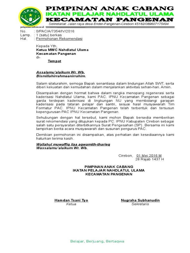 Surat Permohonan Rekomendasi For MWC Nu | PDF
