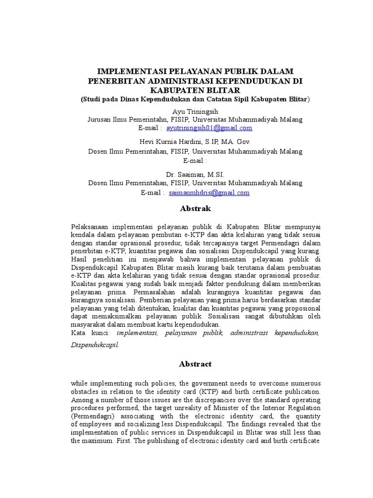 Implementasi Pelayanan Publik Dalam Penerbitan Administrasi Kependudukan Di  Kabupaten Blitar | PDF