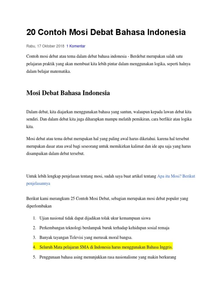 20 Contoh Mosi Debat Bahasa Indonesia | PDF