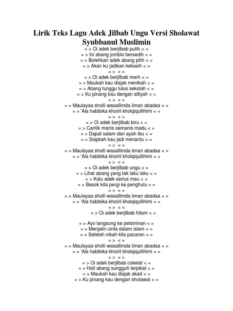Lirik Teks Lagu Adek Jilbab Ungu Versi Sholawat Syubbanul Muslimin | PDF |  Islamic Belief And Doctrine | Abrahamic Religions