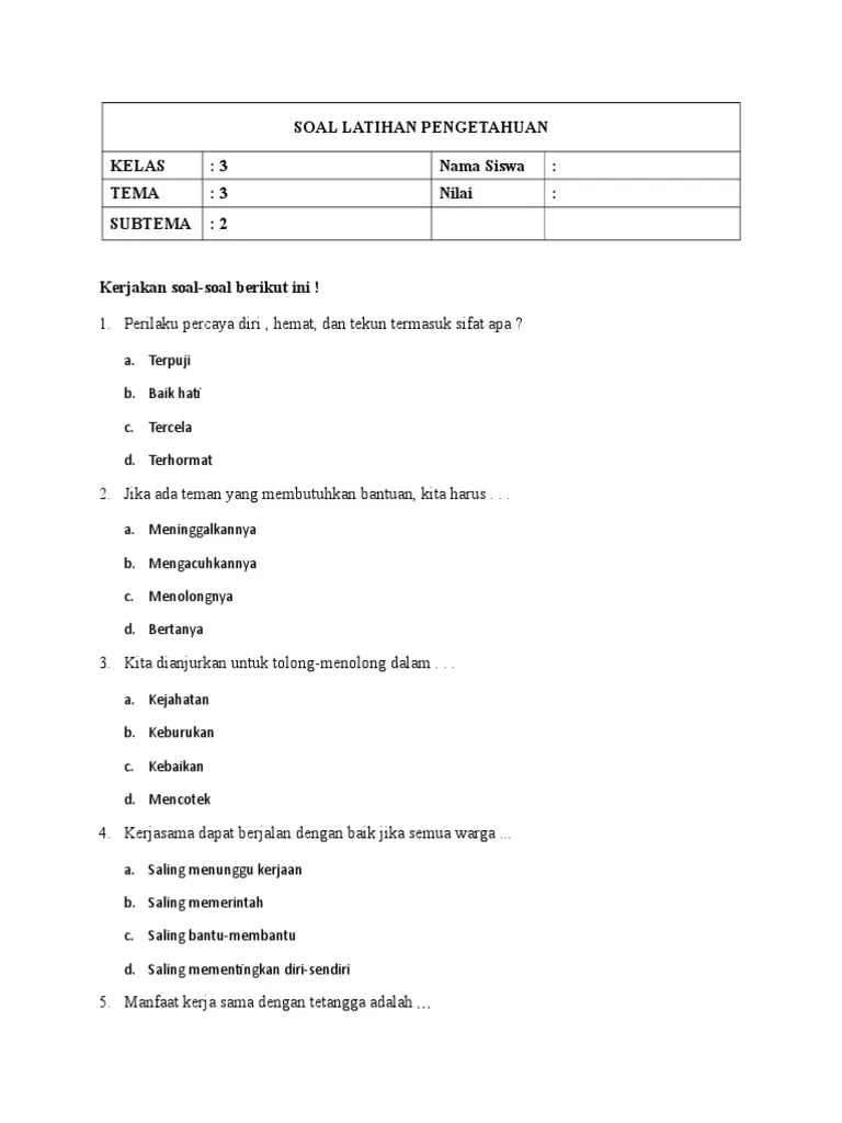 Soal Latihan Pengetahuan Tema 3 Sub 2 | PDF