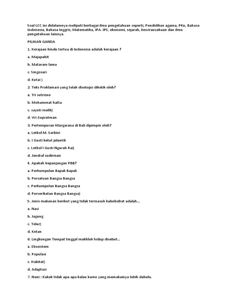 Soal LCC Ini Didalamnya Meliputi Berbagai Ilmu Pengetahuan Seperti