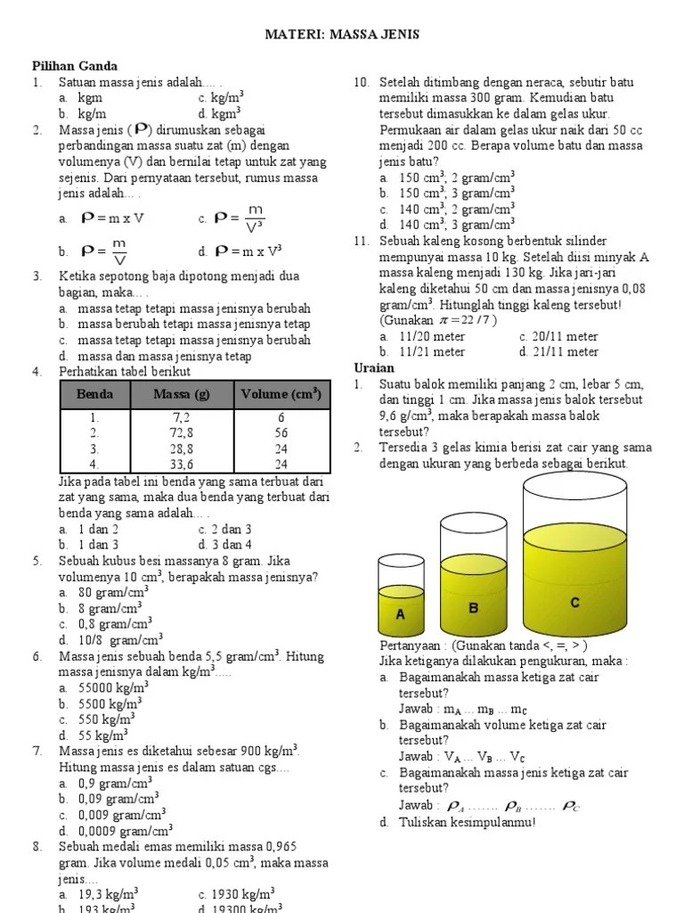 Soal Pilihan Ganda Massa Jenis Smp