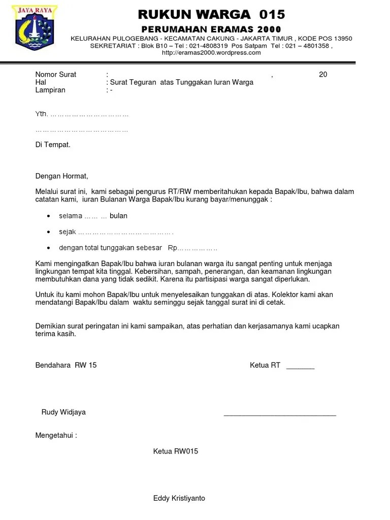 Surat Pemberitahuan Tunggakan Iuran RW | PDF