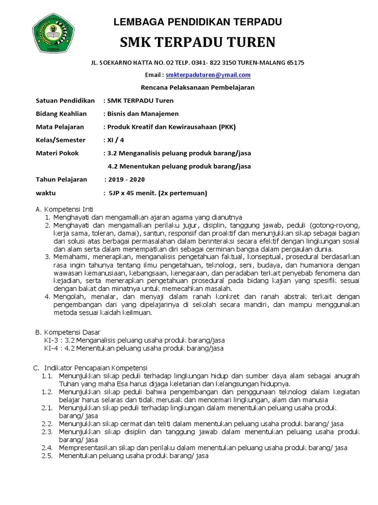 RPP PKK Peluang Usaha KD 3.2 4.2 | PDF