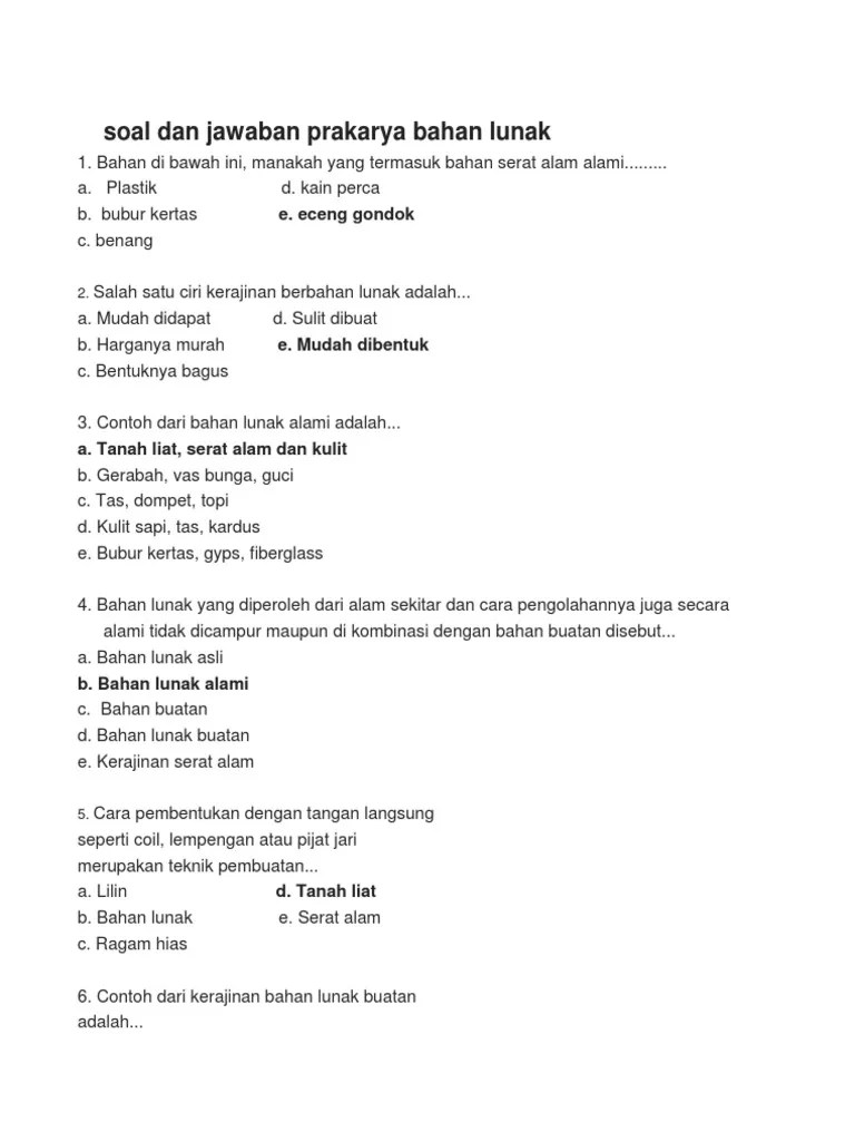 Soal Dan Jawaban Prakarya Bahan Lunak | PDF