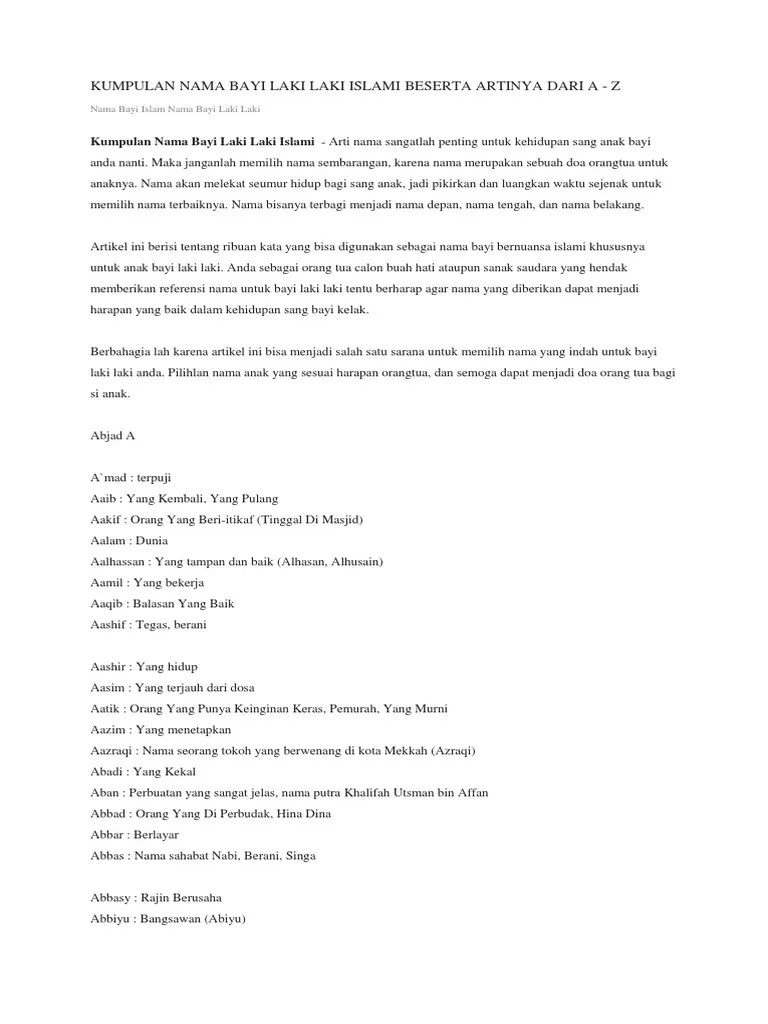 Kumpulan Nama Bayi Laki Laki Islami Beserta Artinya Dari A-Z | PDF