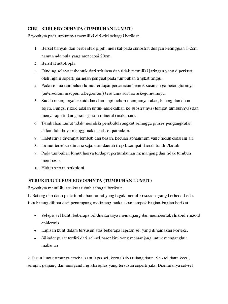 Ciri Ciri Tumbuhan Lumut | PDF