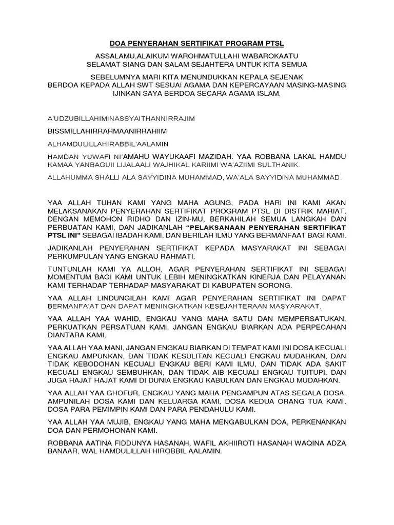 Doa Penyerahan Sertifikat Program PTSL | PDF