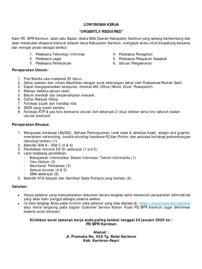 Lowongan Kerja PD. BPR Karimun - 2020 | PDF