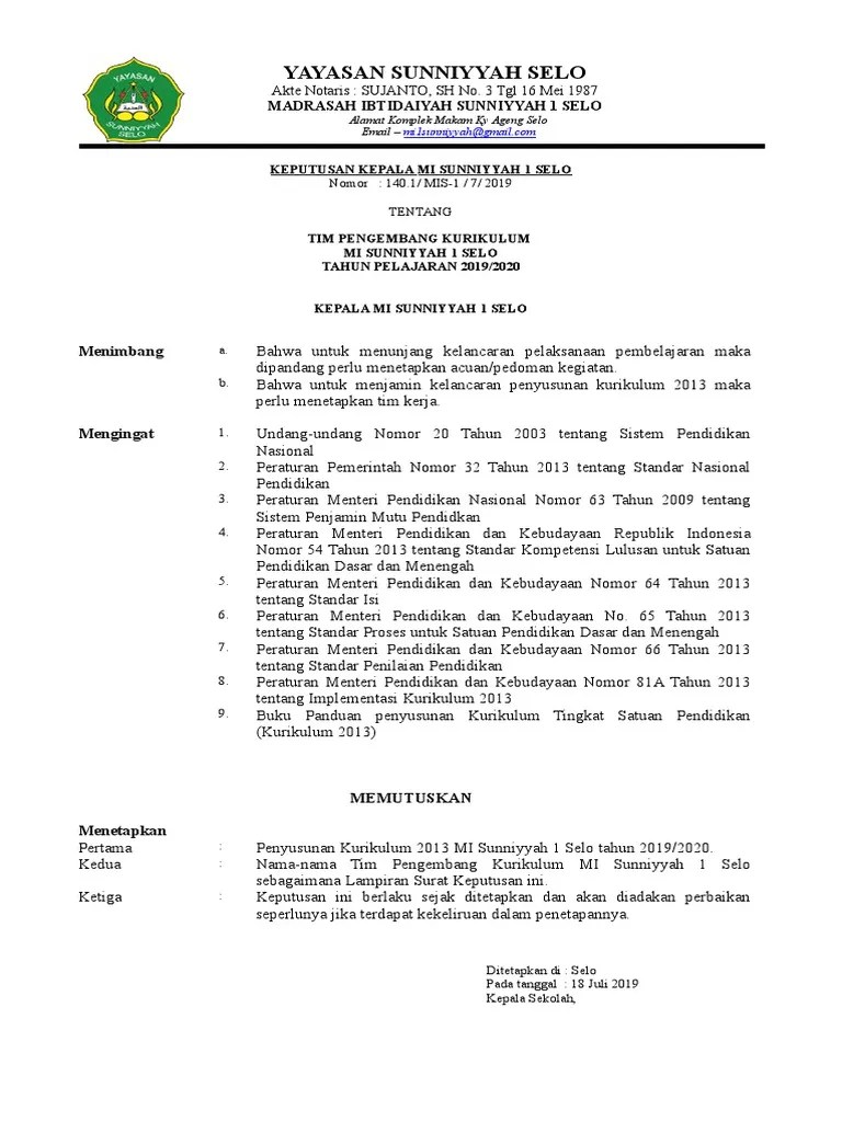 SK Tim Pengembang Kurikulum Madrasah 2019-2020 | PDF