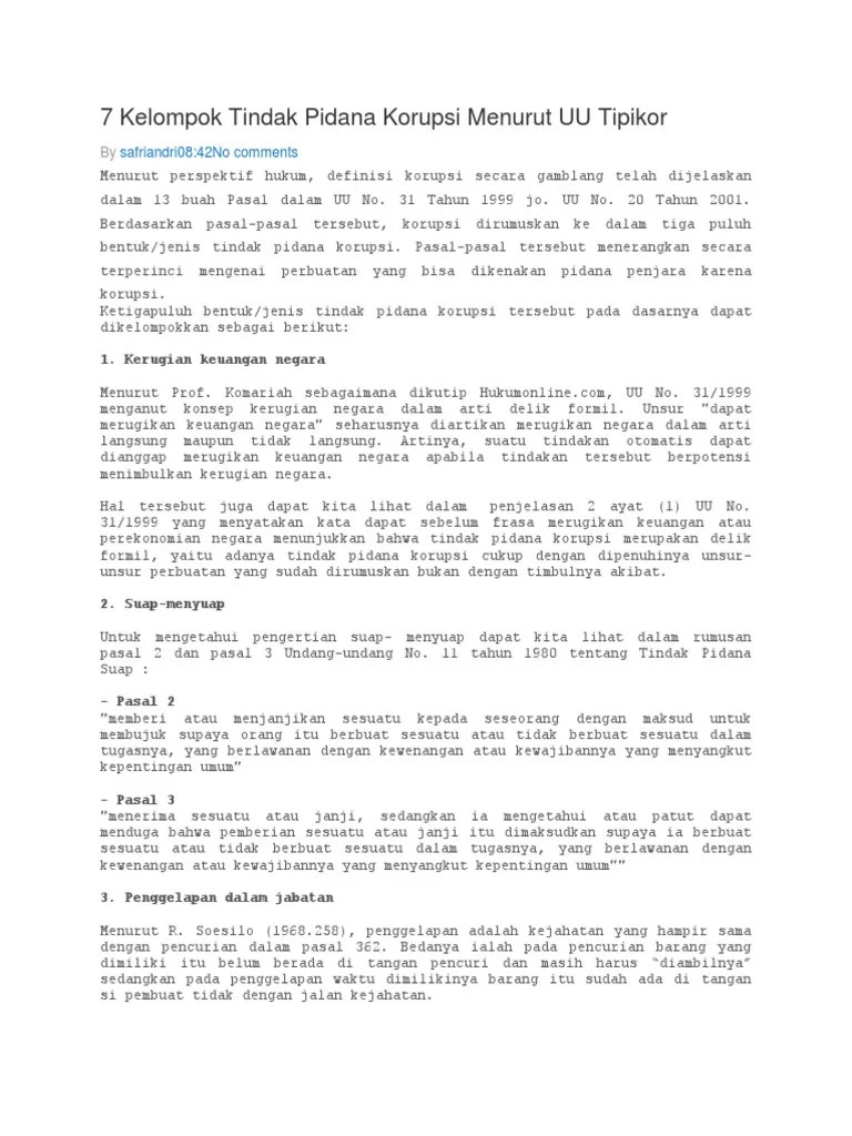 7 Kelompok Tindak Pidana Korupsi Menurut UU Tipikor | PDF