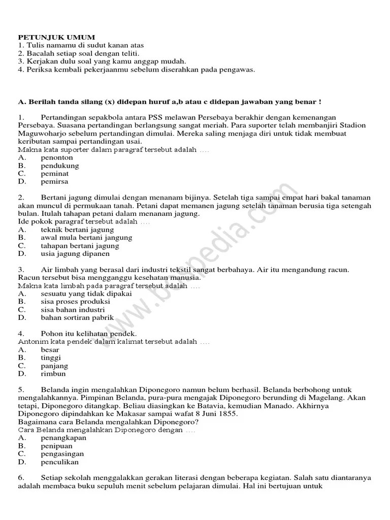 55 Contoh Soal Latihan UN Bahasa Indonesia SD Kunci Jawaban | PDF