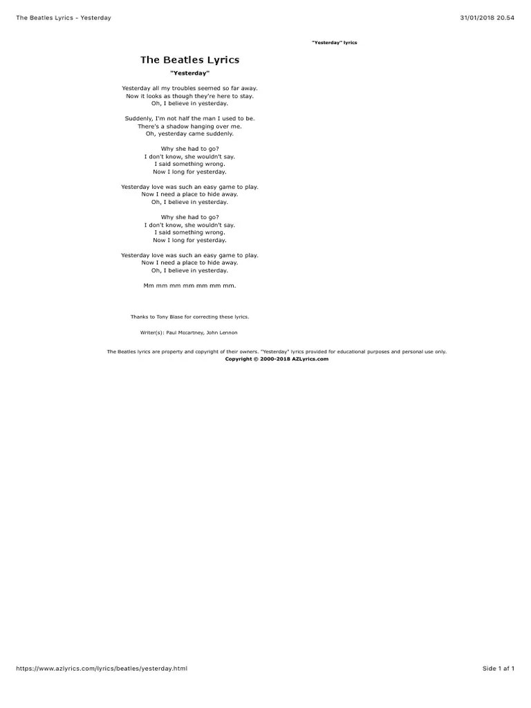 The Beatles Lyrics - Yesterday | PDF | The Beatles | Songs