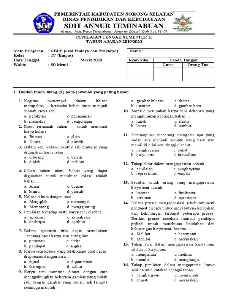 Kelas 4 - Soal PTS SBDP | PDF