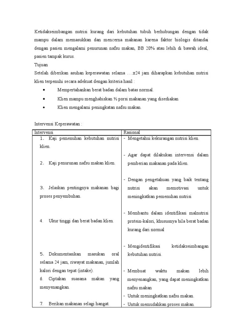 Intervensi Ketidakseimbangan Nutrisi Kurang Dari Kebutuhan Tubuh | PDF
