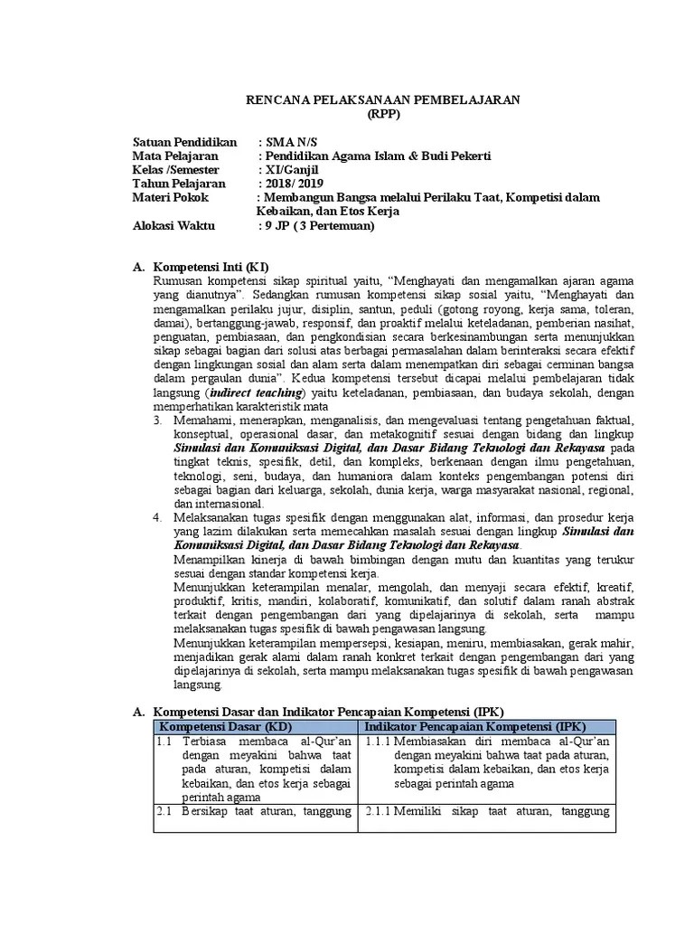 RPP.1 Membangun Bangsa Melalui Perilaku Taat, Kompetisi Dalam Kebaikan, Dan  Etos Kerja | PDF