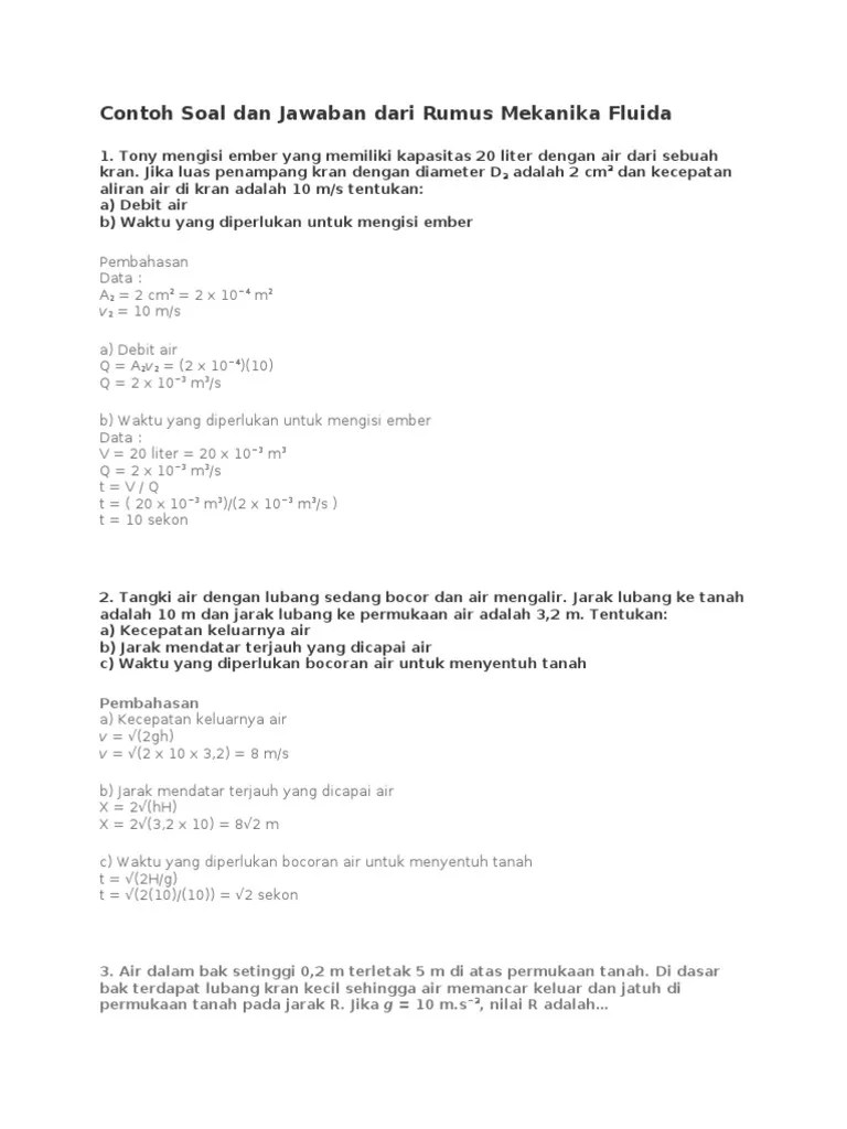 Contoh Soal Dan Jawaban Mekanika Fluida 1