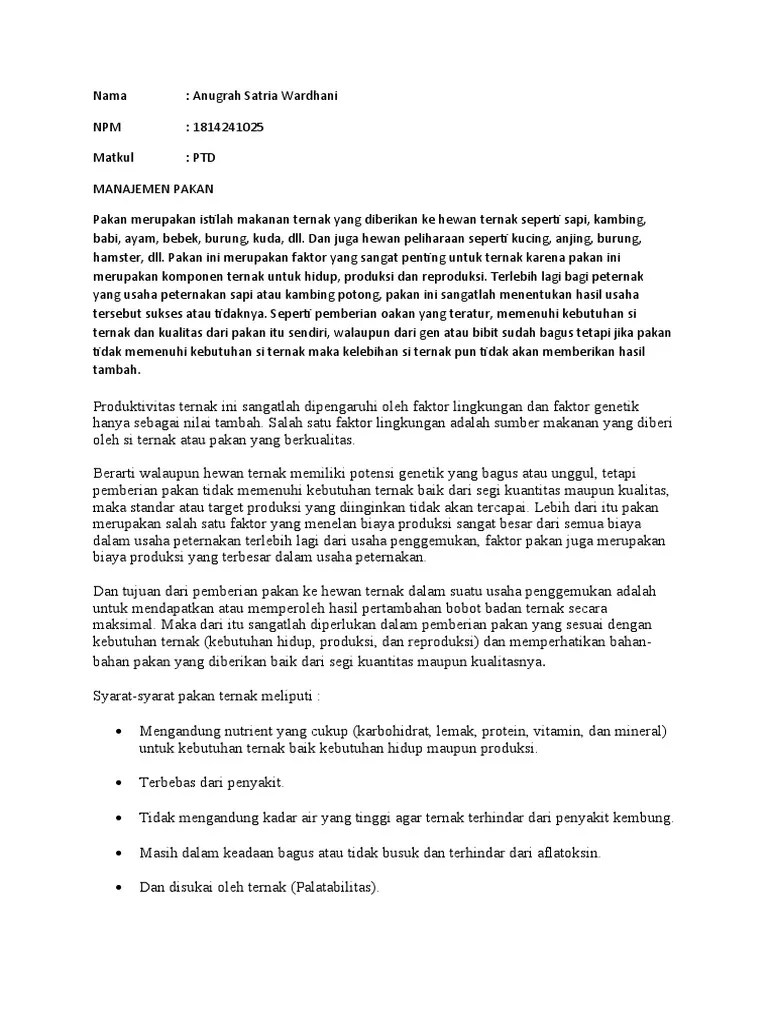 Anugrah Satria - PTD (Resume Manajemen Pakan) | PDF