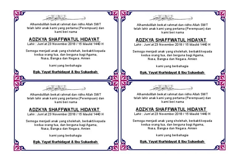 Contoh Kartu Ucapan Aqiqah Bayi Pada Berkat Kotak Nasi 1 | PDF