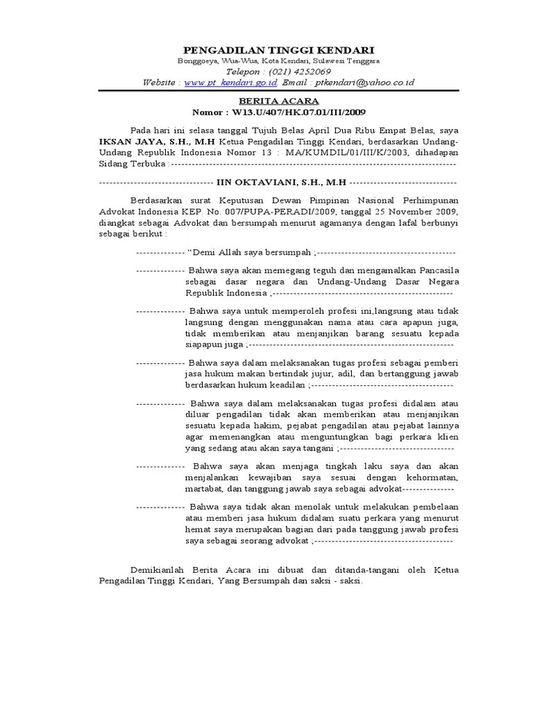 Berita Acara Sumpah Advokat Iin | PDF