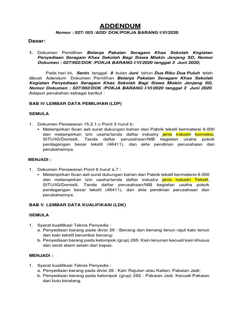 ADDENDUM Dokumen Pemilihan Belanja Pakaian Seragam | PDF