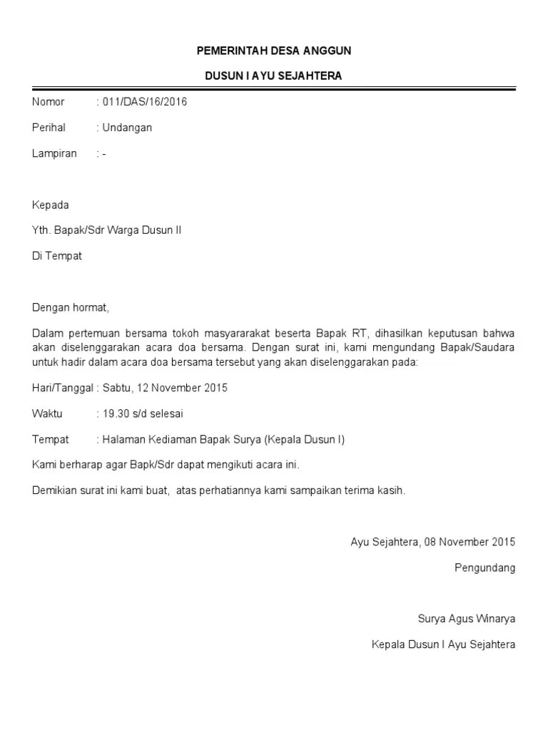 Contoh Surat Undangan Doa Bersama Pada Waktu Tertentu | PDF
