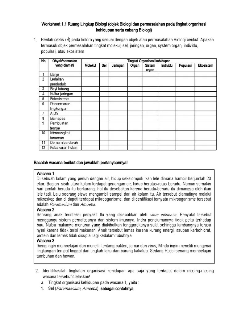 Worksheet Ruang Lingkup Biologi | PDF