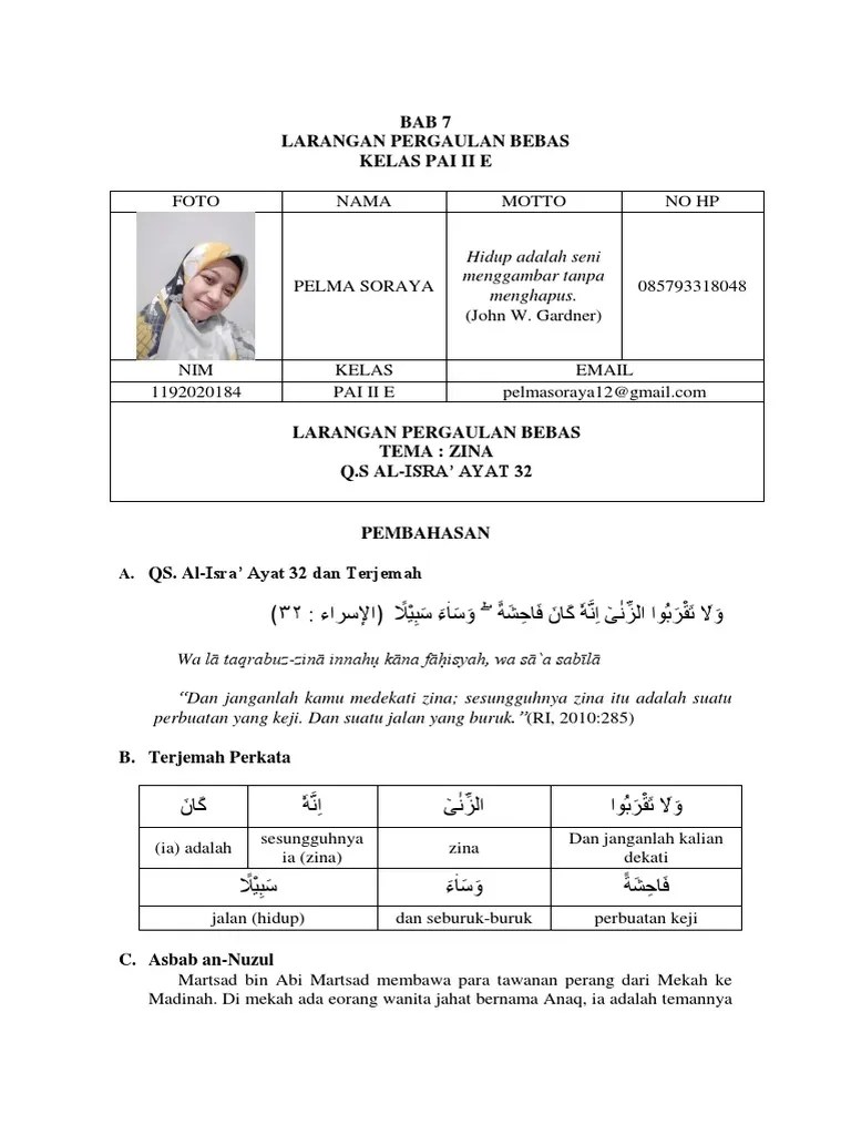Pelma Soraya. Pai 2 E. 1192020184. QS - Al-&lsquo;Isra Ayat 32 PDF | PDF