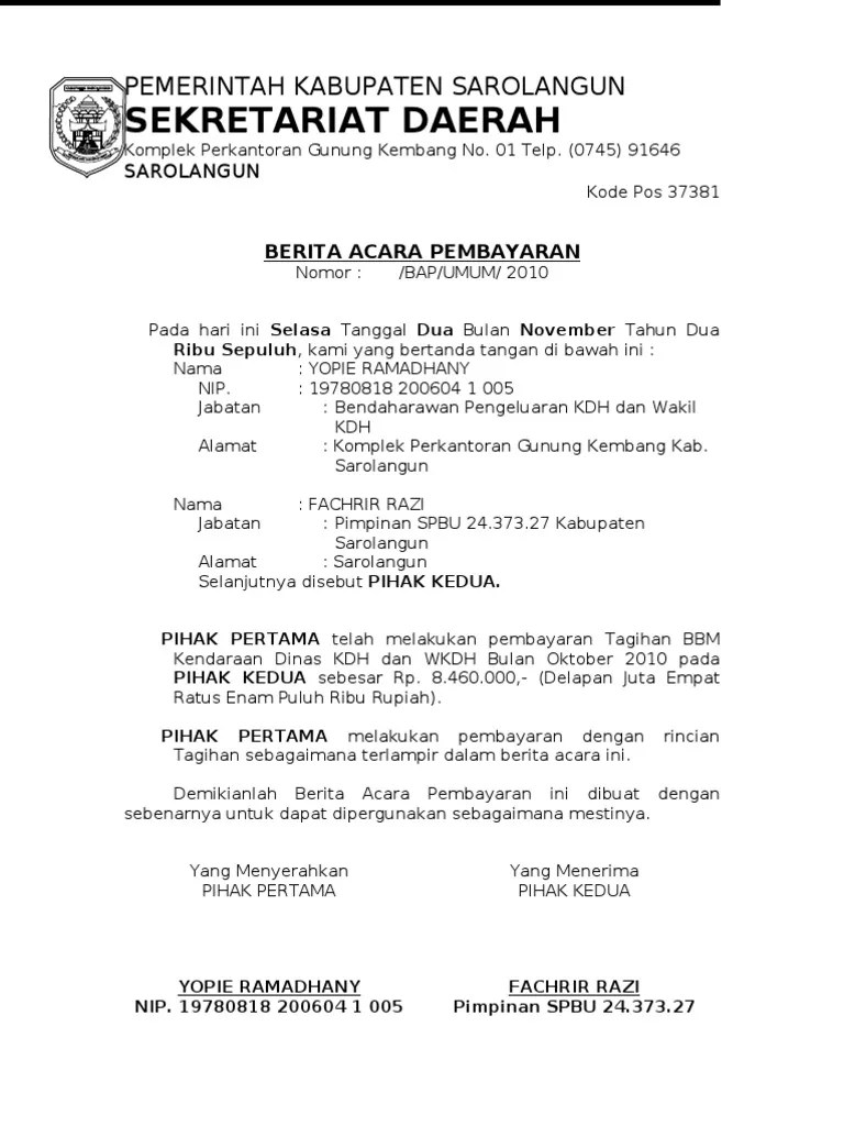 Contoh Surat Berita Acara Pembayaran - Nusagates