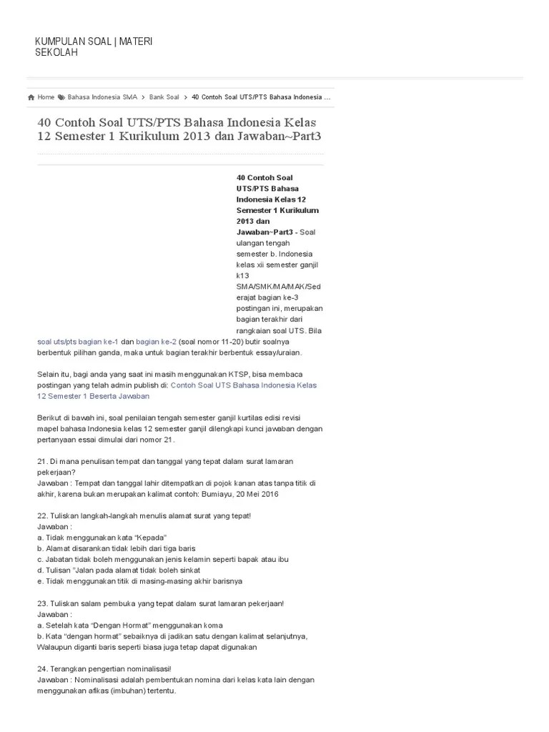 40 Contoh Soal UTS - PTS Bahasa Indonesia Kelas 12 Semester 1 Kurikulum  2013 Dan Jawaban - Part3 - Kumpulan Soal - Materi Sekolah PDF | PDF