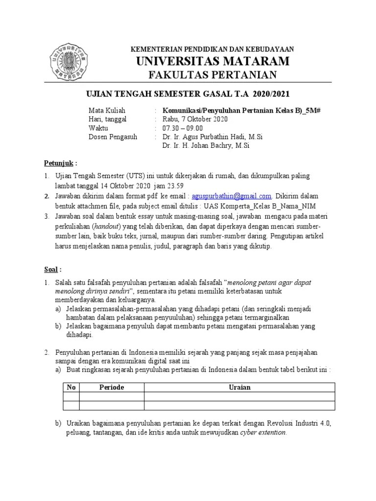 (AGUSPH) Soal UTS Komunikasi Penyuluhan Pertanian (Agroeko B) | PDF