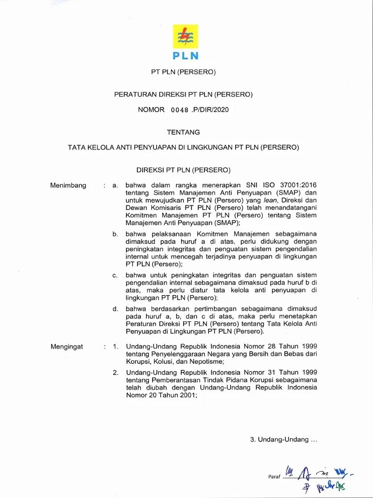 Perdir No 0048.p Dir 2020 Tentang Tata Kelola Anti Penyuapan Di Lingk PT  PLN 1 | PDF