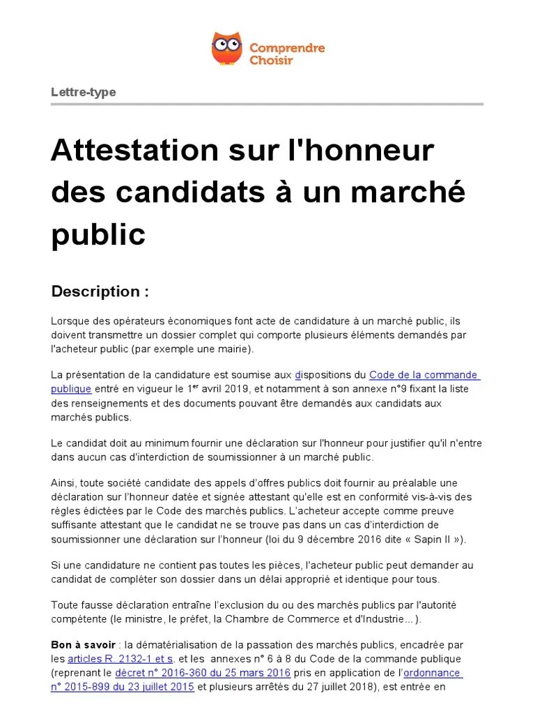 Ooreka Attestation Honneur Marche Public | PDF | Marché (Économie) | Justice