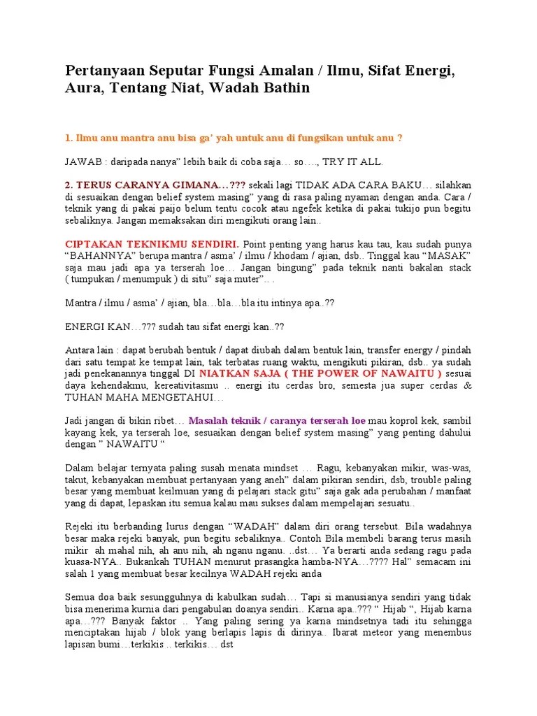 Fungsi Amalan - Ilmu - Sifat - Energi - Aura - Tentang - Niat - Wadah -  Bathin | PDF