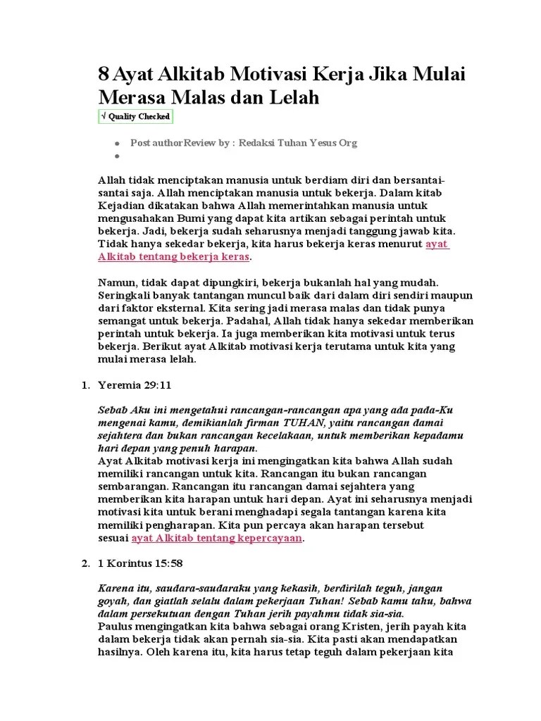 8 Ayat Alkitab Motivasi Kerja Jika Mulai Merasa Malas Dan Lelah | PDF