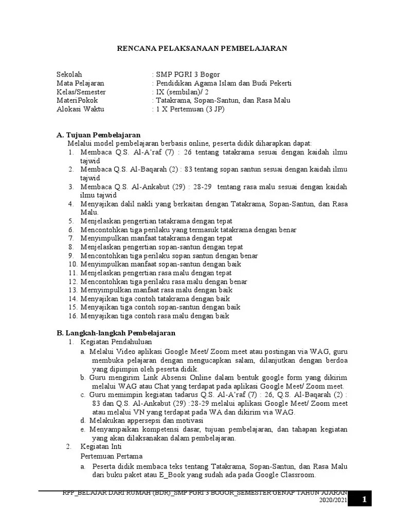 RPP BDR Tatakrama, Sopan Santun &amp; Rasa Malu 45 | PDF