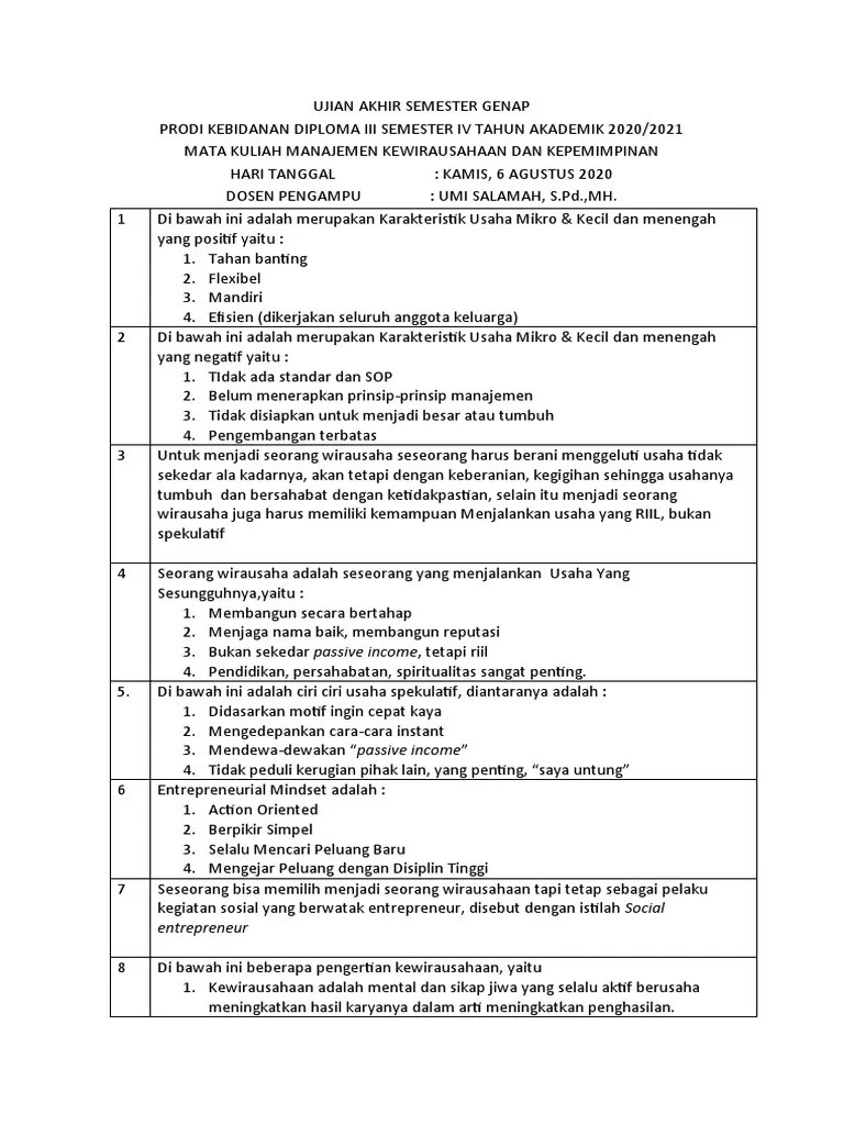 Kisi Kisi Uas Kwu 2020 KEBIDANAN | PDF