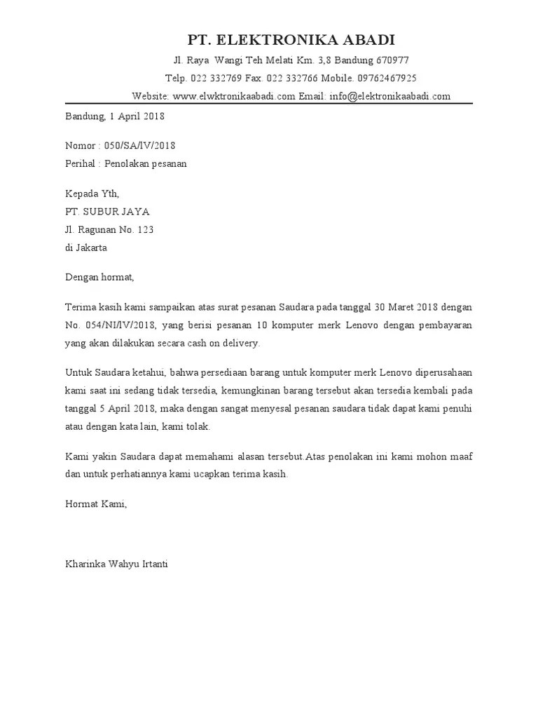 Surat Penolakan Pesanan | PDF
