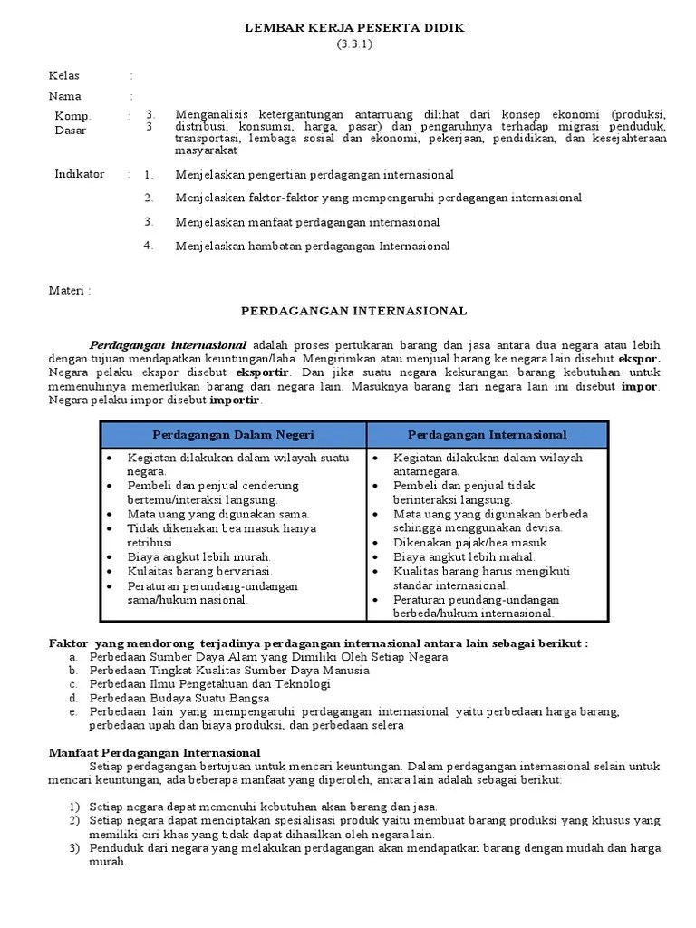 LKPD 9.1 Ips 9 Perdagangan Internasional | PDF