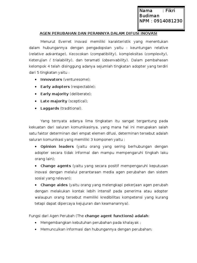 Agen Perubahan Dan Perannya Dalam Difusi Inovasi | PDF