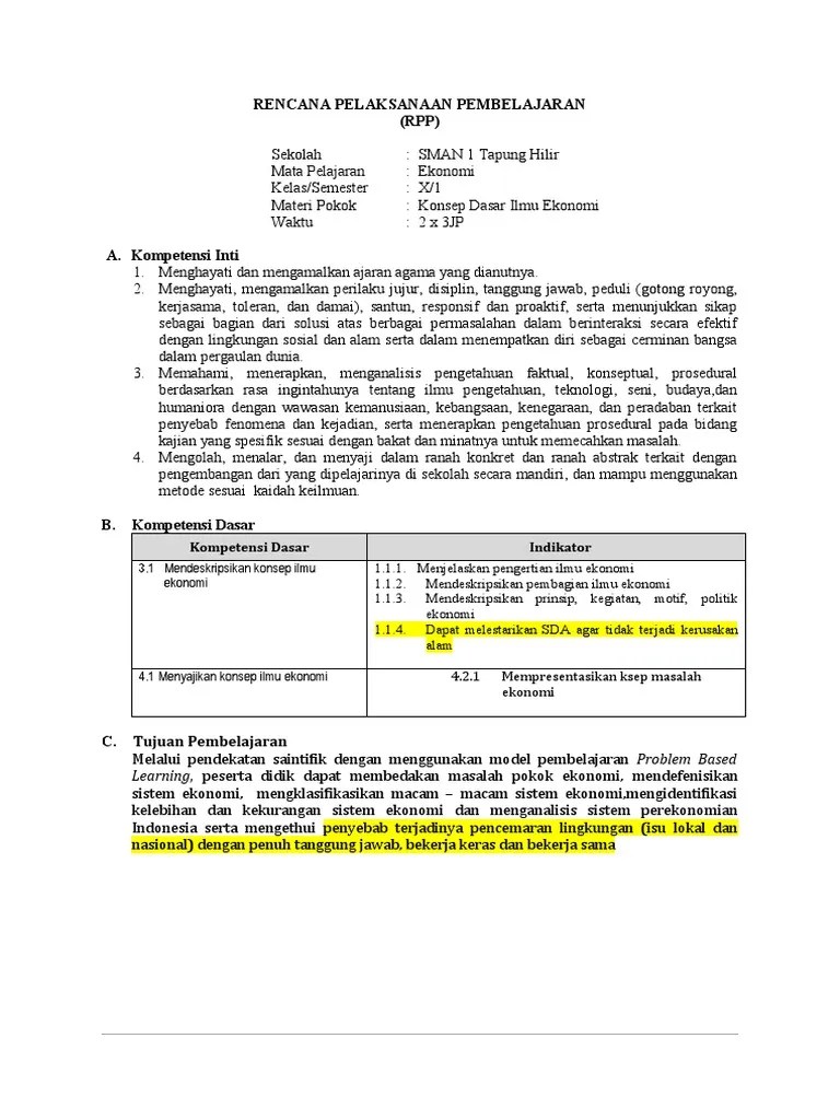 RPP Kls X Ekonomi Semester 1 | PDF