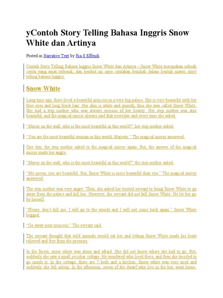 Contoh Story Telling Bahasa Inggris Snow White Dan Artinya | PDF | Snow  White | Sleeping Beauty