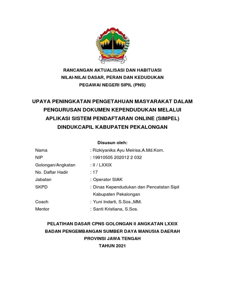 Rancangan Aktualisasi Operator SIAK Dindukcapil Kabupaten Pekalongan | PDF