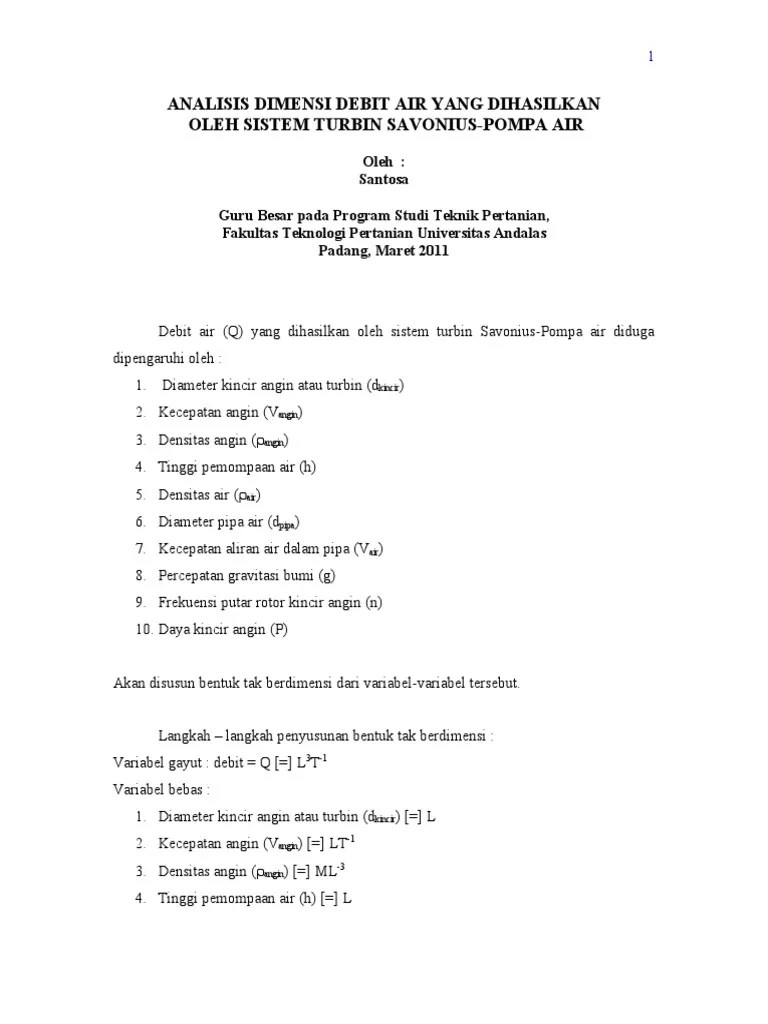 Handout Analisis Dimensi Debit Air Yang Dihasilkan Oleh Sistem Turbin  Savonius - Pompa Air | PDF