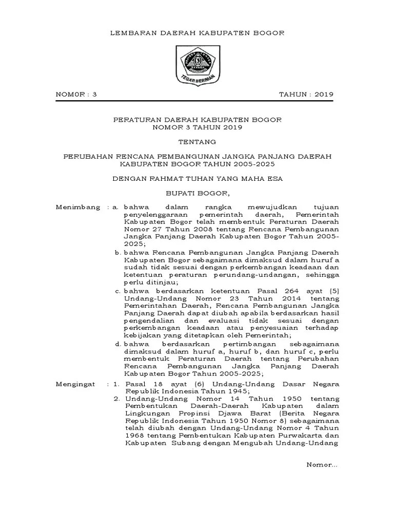 Perda No. 3 Tahun 2019 Tentang Perubahan Rencana Pembangunan Jangka Panjang  Daerah Kabupaten Bogor Tahun 2005-2025 | PDF